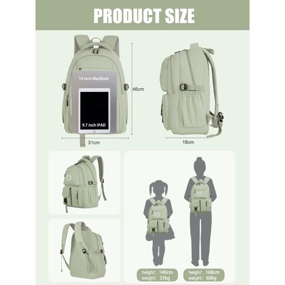 FIORETTO schulrucksack Teenager Mädchen Damen Schulranzen Schultasche School Bag Rucksack Schule 14" Laptopfach, Wasserabweisend & Leicht Grün