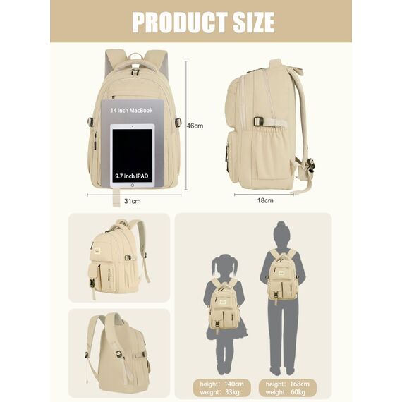 FIORETTO schulrucksack Teenager Mädchen Damen Schulranzen Schultasche School Bag Rucksack Schule 14" Laptopfach, Wasserabweisend & Leicht Weiß