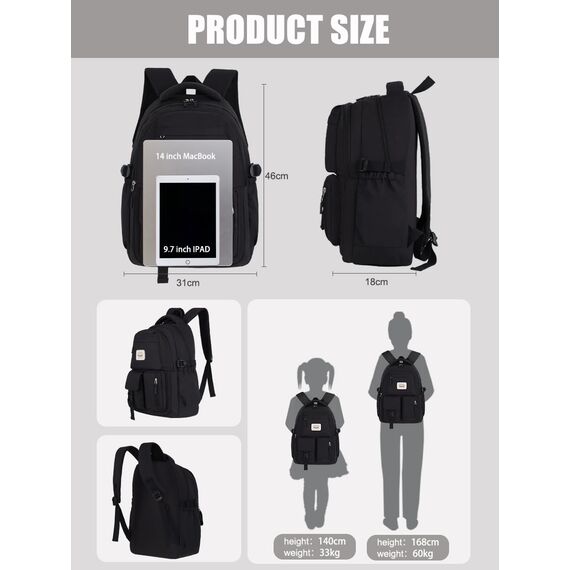 FIORETTO schulrucksack Teenager Mädchen Damen Schulranzen Schultasche School Bag Rucksack Schule 14" Laptopfach, Wasserabweisend & Leicht Schwarz