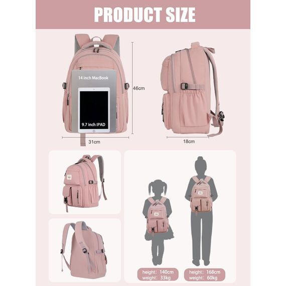 FIORETTO schulrucksack Teenager Mädchen Damen Schulranzen Schultasche School Bag Rucksack Schule 14" Laptopfach, Wasserabweisend & Leicht Rosa