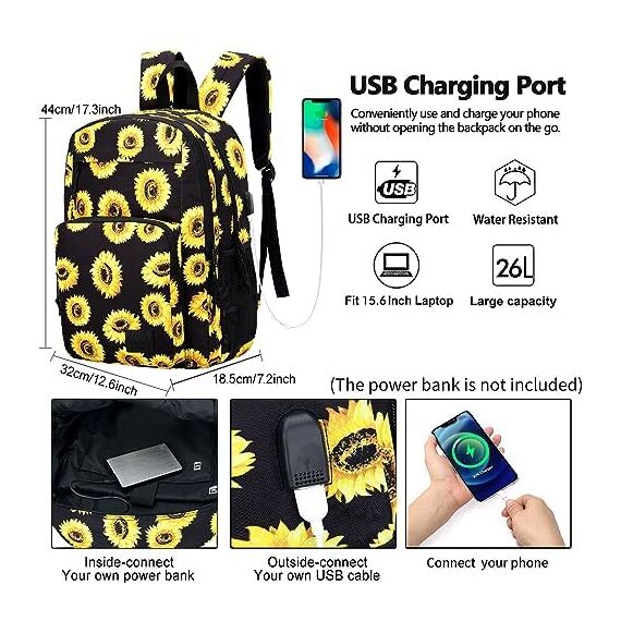 KEOFID Laptop Rucksack für Herren Damen, Großer Schulrucksack für Jungen, Mädchen und Teenager, Anti-Diebstahl Computer Rucksack, 15,6 Zoll Laptop, Handgepäck Rucksack(Sonnenblumen)