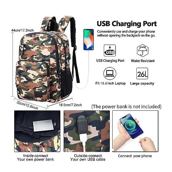 KEOFID Laptop Rucksack für Herren Damen, Großer Schulrucksack für Jungen, Mädchen und Teenager, Anti-Diebstahl Computer Rucksack, 15,6 Zoll Laptop, Handgepäck Rucksack(Tarnung)