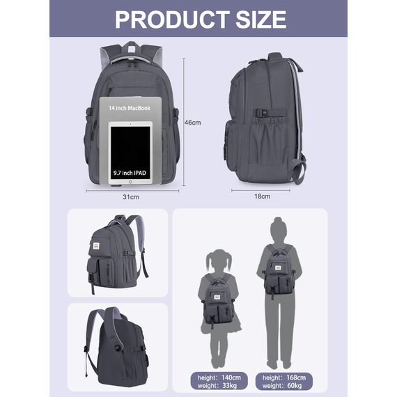 FIORETTO schulrucksack Teenager Mädchen Damen Schulranzen Schultasche School Bag Rucksack Schule 14" Laptopfach, Wasserabweisend & Leicht Dunkelgrau