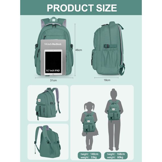 FIORETTO schulrucksack Teenager Mädchen Damen Schulranzen Schultasche School Bag Rucksack Schule 14" Laptopfach, Wasserabweisend & Leicht Dunkelgrün