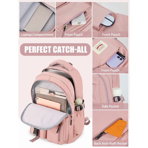 FIORETTO schulrucksack Teenager Mädchen Damen Schulranzen Schultasche School Bag Rucksack Schule 14" Laptopfach, Wasserabweisend & Leicht Rosa