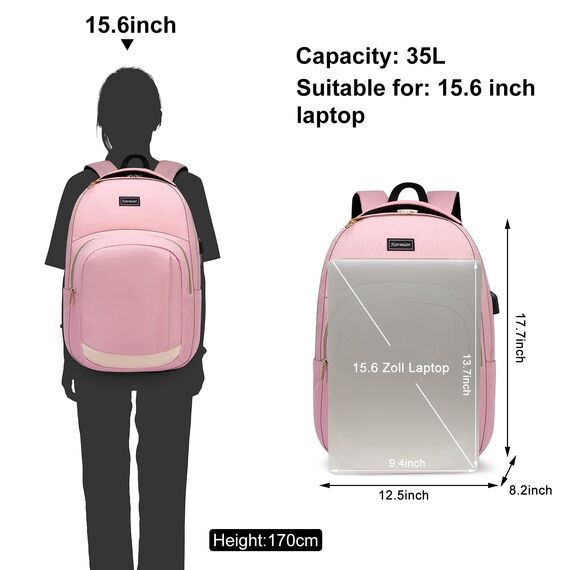 YIORMIOR Schulrucksack Mädchen Teenager, Rucksack Damen Schule Daypacks für 15.6 Zoll Laptop Rucksack mit USB Ladeanschluss 35L