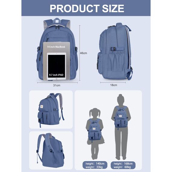 FIORETTO schulrucksack Teenager Mädchen Damen Schulranzen Schultasche School Bag Rucksack Schule 14" Laptopfach, Wasserabweisend & Leicht Dunkelblau