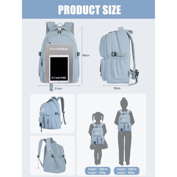 FIORETTO schulrucksack Teenager Mädchen Damen Schulranzen Schultasche School Bag Rucksack Schule 14" Laptopfach, Wasserabweisend & Leicht Blau