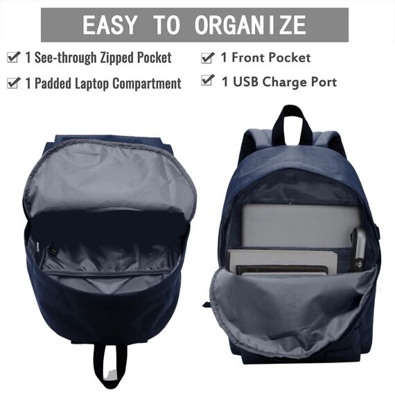 SUPACOOL Leichter Laptop-Rucksack, Rucksack mit USB-Ladeanschluss, lässiger Tagesrucksack, Graublau, M