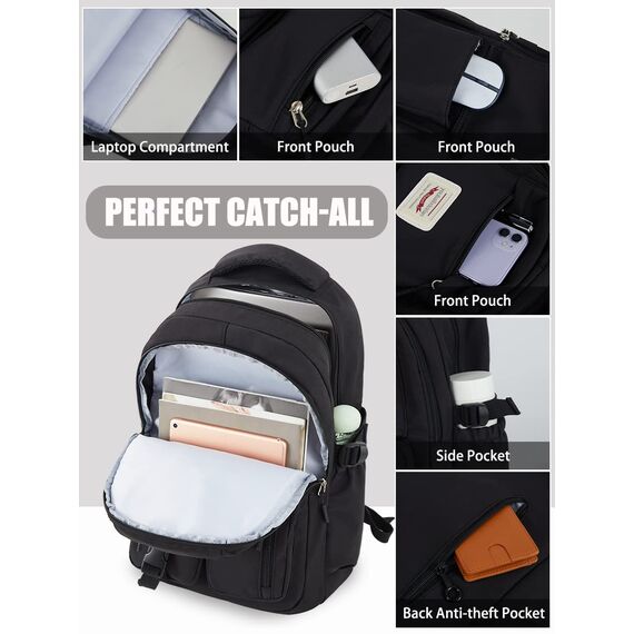 FIORETTO schulrucksack Teenager Mädchen Damen Schulranzen Schultasche School Bag Rucksack Schule 14" Laptopfach, Wasserabweisend & Leicht Schwarz