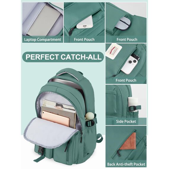 FIORETTO schulrucksack Teenager Mädchen Damen Schulranzen Schultasche School Bag Rucksack Schule 14" Laptopfach, Wasserabweisend & Leicht Dunkelgrün