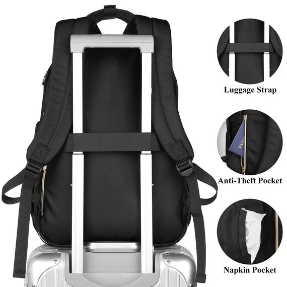 Schwarz Rucksack Damen,Schulrucksack Frauen Schultasche Mädchen Teenager Tagesrucksack mit USB und Laptopfach für Schule Universität Büro Arbeit Stadt,Geschenke für Muttertag Geburtstag Valentinstag