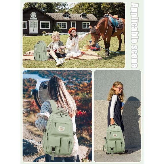 FIORETTO schulrucksack Teenager Mädchen Damen Schulranzen Schultasche School Bag Rucksack Schule 14" Laptopfach, Wasserabweisend & Leicht Grün