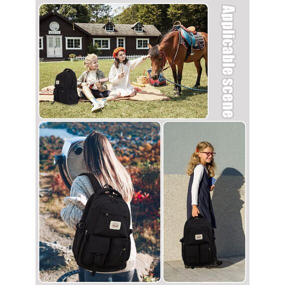 FIORETTO schulrucksack Teenager Mädchen Damen Schulranzen Schultasche School Bag Rucksack Schule 14" Laptopfach, Wasserabweisend & Leicht Schwarz