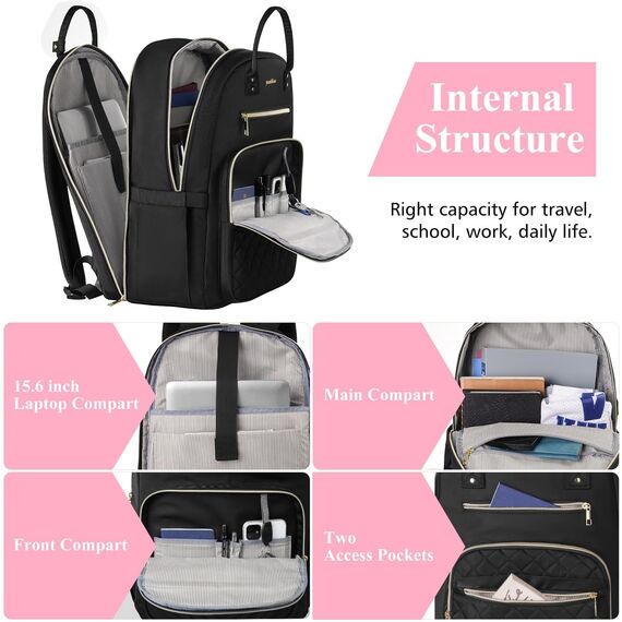 Schwarz Rucksack Damen,Schulrucksack Frauen Schultasche Mädchen Teenager Tagesrucksack mit USB und Laptopfach für Schule Universität Büro Arbeit Stadt,Geschenke für Muttertag Geburtstag Valentinstag