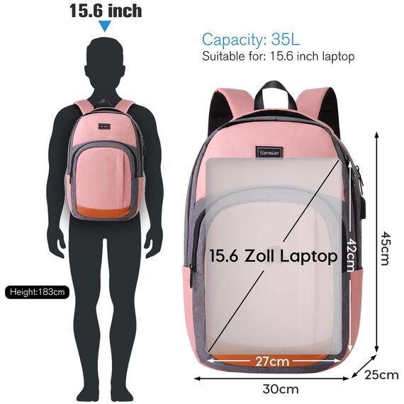 YIORMIOR Schulrucksack Mädchen Teenager, Rucksack Damen Schule Daypacks für 15.6 Zoll Laptop Rucksack mit USB Ladeanschluss 35L