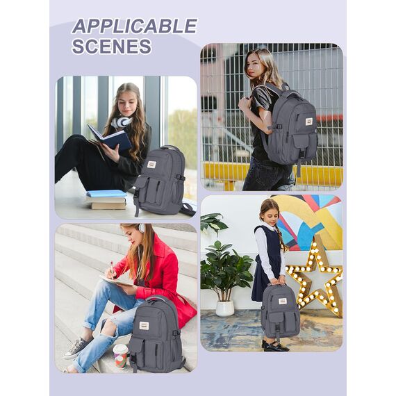 FIORETTO schulrucksack Teenager Mädchen Damen Schulranzen Schultasche School Bag Rucksack Schule 14" Laptopfach, Wasserabweisend & Leicht Dunkelgrau