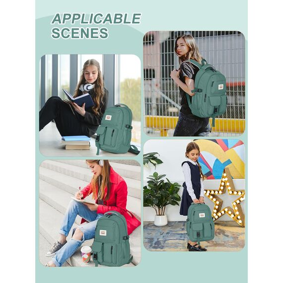 FIORETTO schulrucksack Teenager Mädchen Damen Schulranzen Schultasche School Bag Rucksack Schule 14" Laptopfach, Wasserabweisend & Leicht Dunkelgrün