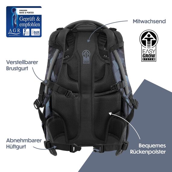 coocazoo Schulrucksack Mate „Grey Rocks”, schwarz-grau, ergonomischer & anpassbarer Tornister, höhen- & größenverstellbar, mit Brustgurt & Hüftgurt, ab der 3. Klasse