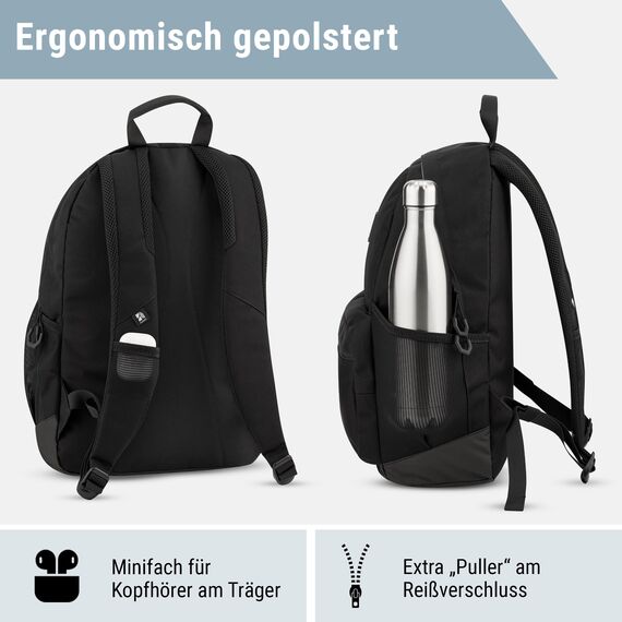 AUDETIC Schulrucksack Mädchen und Jungen Teenager Schwarz - Flex - Rucksack Damen & Herren mit 16 Zoll Laptop Fach für Schule & Freizeit - Wasserabweisend