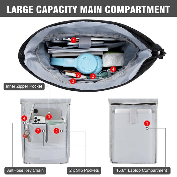 YOKGO Rucksack Damen & Herren, Rolltop Rucksack Wasserfest LaptopRucksack Schulrucksack mit 15,6" Laptopfach, Freizeitrucksack Backpack Daypack für Uni Schule Business Arbeit City Freizeit Reise