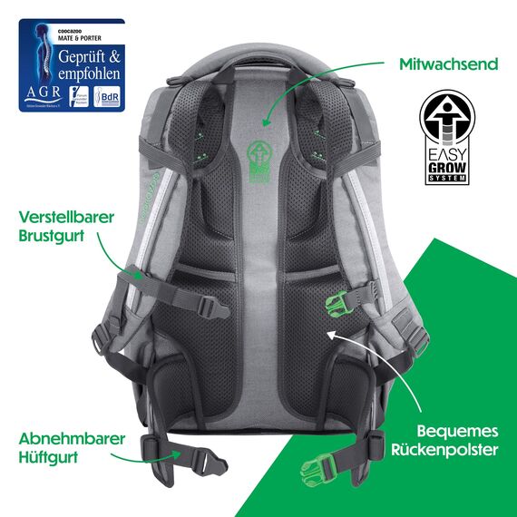 coocazoo Schulrucksack Mate „Mixed Silver Dust”, grau, ergonomischer & anpassbarer Tornister, höhen- & größenverstellbar, mit Brustgurt & Hüftgurt, ab der 3. Klasse