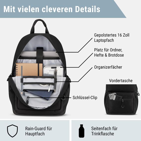 AUDETIC Schulrucksack Mädchen und Jungen Teenager Schwarz - Flex - Rucksack Damen & Herren mit 16 Zoll Laptop Fach für Schule & Freizeit - Wasserabweisend