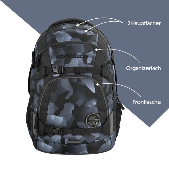 coocazoo Schulrucksack Mate „Grey Rocks”, schwarz-grau, ergonomischer & anpassbarer Tornister, höhen- & größenverstellbar, mit Brustgurt & Hüftgurt, ab der 3. Klasse