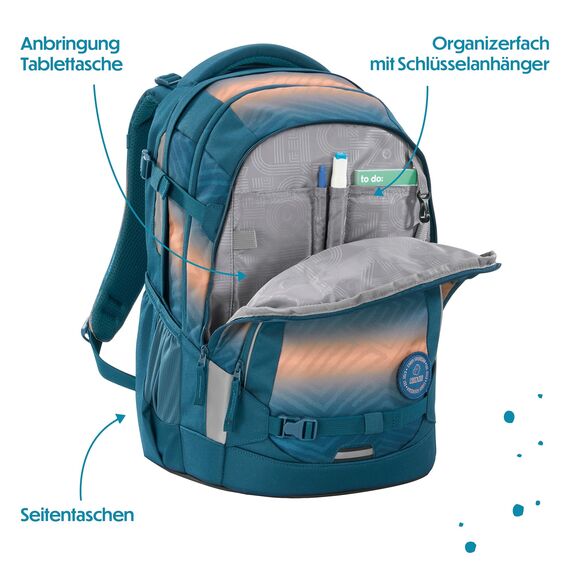 coocazoo Schulrucksack Mate „Pacific Tribes”, blau-orange, ergonomischer & anpassbarer Tornister, höhen- & größenverstellbar, mit Brustgurt & Hüftgurt, ab der 3. Klasse