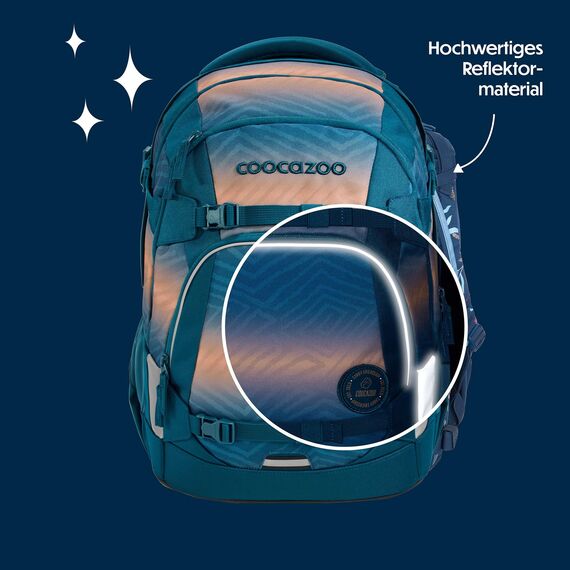 coocazoo Schulrucksack Mate „Pacific Tribes”, blau-orange, ergonomischer & anpassbarer Tornister, höhen- & größenverstellbar, mit Brustgurt & Hüftgurt, ab der 3. Klasse
