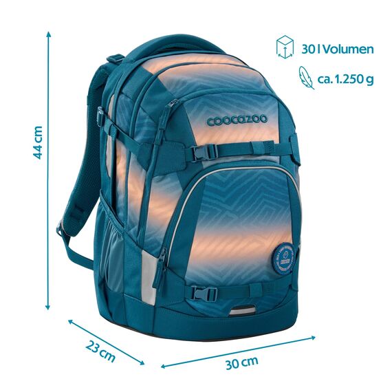 coocazoo Schulrucksack Mate „Pacific Tribes”, blau-orange, ergonomischer & anpassbarer Tornister, höhen- & größenverstellbar, mit Brustgurt & Hüftgurt, ab der 3. Klasse