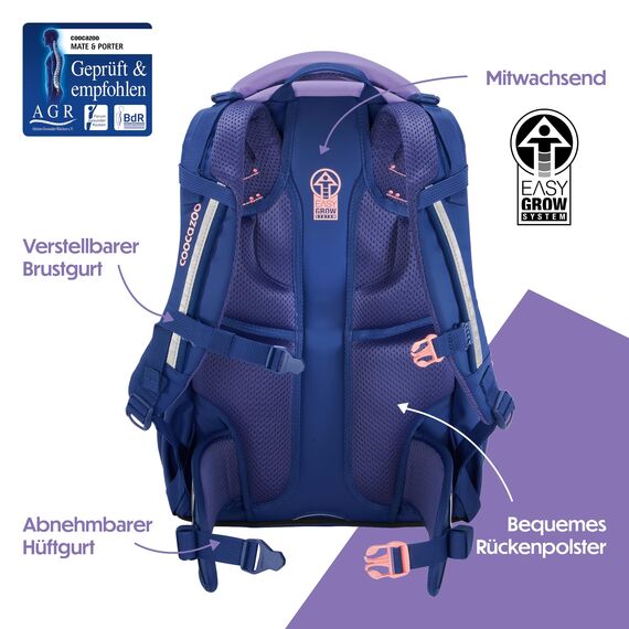coocazoo Schulrucksack Mate „Tarp Frosty Lilac”, lila, ergonomischer & anpassbarer Tornister, höhen- & größenverstellbar, mit Brustgurt & Hüftgurt, ab der 3. Klasse