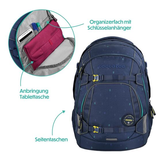 coocazoo Schulrucksack Mate „Happy Raindrops”, blau, ergonomischer & anpassbarer Tornister, höhen- & größenverstellbar, mit Brustgurt & Hüftgurt, leicht & individuell, ab der 3. Klasse