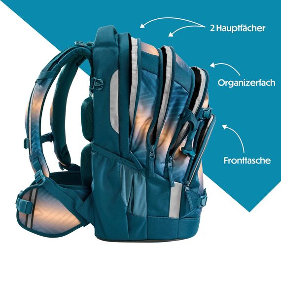 coocazoo Schulrucksack Mate „Pacific Tribes”, blau-orange, ergonomischer & anpassbarer Tornister, höhen- & größenverstellbar, mit Brustgurt & Hüftgurt, ab der 3. Klasse