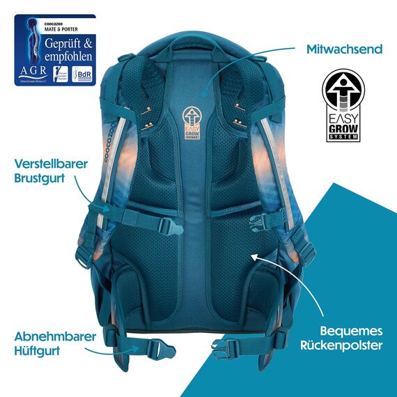 coocazoo Schulrucksack Mate „Pacific Tribes”, blau-orange, ergonomischer & anpassbarer Tornister, höhen- & größenverstellbar, mit Brustgurt & Hüftgurt, ab der 3. Klasse