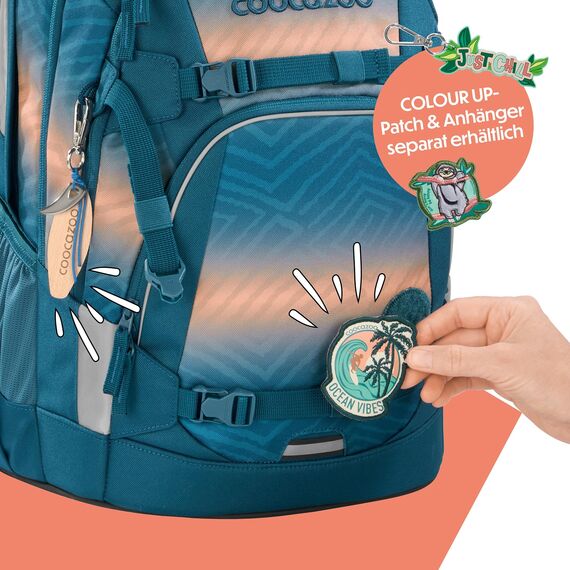 coocazoo Schulrucksack Mate „Pacific Tribes”, blau-orange, ergonomischer & anpassbarer Tornister, höhen- & größenverstellbar, mit Brustgurt & Hüftgurt, ab der 3. Klasse