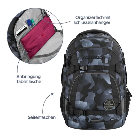 coocazoo Schulrucksack Mate „Grey Rocks”, schwarz-grau, ergonomischer & anpassbarer Tornister, höhen- & größenverstellbar, mit Brustgurt & Hüftgurt, ab der 3. Klasse