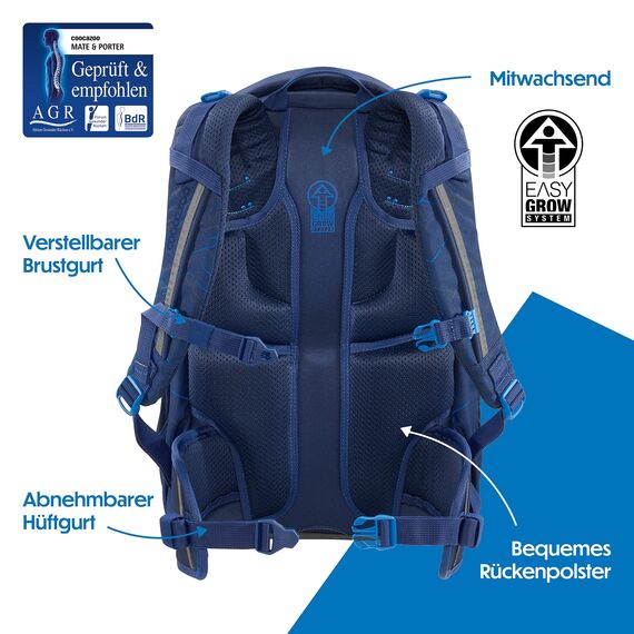 coocazoo Schulrucksack Mate „Blue Motion”, blau, ergonomischer & anpassbarer Tornister, höhen- & größenverstellbar, mit Brustgurt & Hüftgurt, ab der 3. Klasse