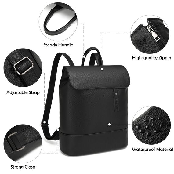 Myhozee Rucksack Damen Cityrucksack - Elegant Rucksacktasche PU Leder Anti Diebstahl Daypack Damenrucksack mit Laptopfach 14 Zoll Tasche Backpack Wasserdicht Schulrucksack für Ausflüge Reise Schwarz