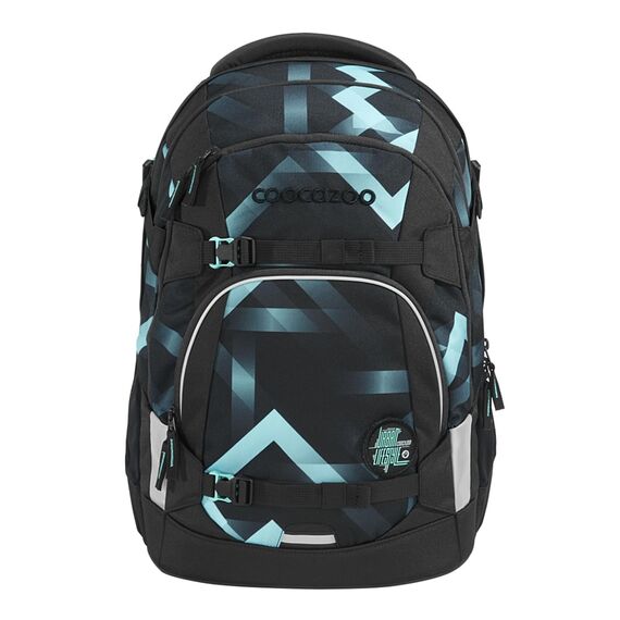 coocazoo Schulrucksack Mate „Laser Lights”, schwarz-türkis, ergonomischer & anpassbarer Tornister, höhen- & größenverstellbar, mit Brustgurt & Hüftgurt, ab der 3. Klasse