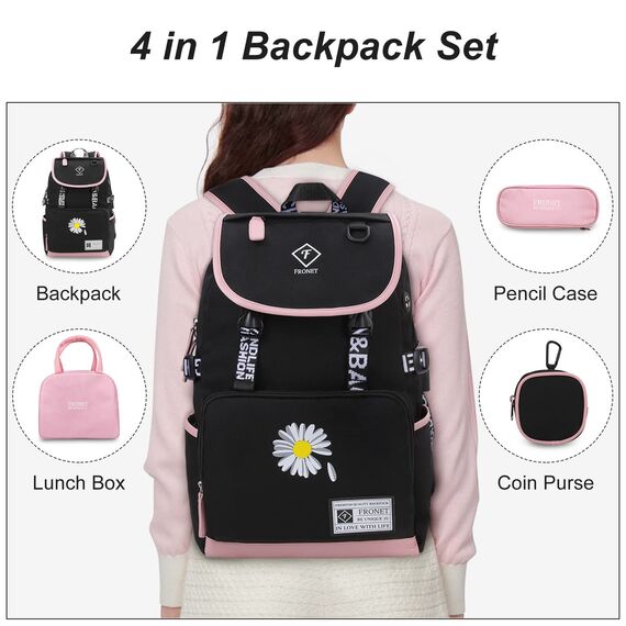 Schulrucksack Mädchen Teenager Schulranzen Laptop Rucksäcke Damen Daypack Kinderrucksack für Schule Kinder Jungen Groß Schultaschen-Set Federmäppchen 3 5-8 Klasse 9-17 Jahre Tasche Wasserdicht Rosa