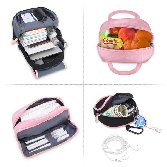Schulrucksack Mädchen Teenager Schulranzen Laptop Rucksäcke Damen Daypack Kinderrucksack für Schule Kinder Jungen Groß Schultaschen-Set Federmäppchen 3 5-8 Klasse 9-17 Jahre Tasche Wasserdicht Rosa