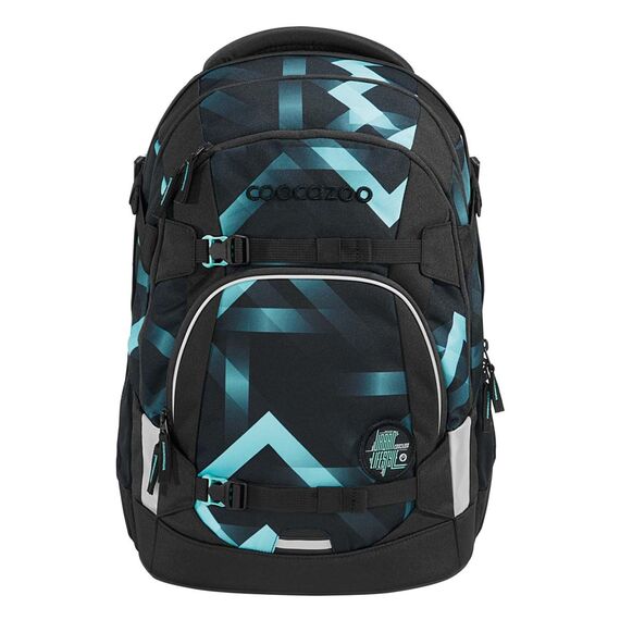 coocazoo Schulrucksack Mate „Laser Lights”, schwarz-türkis, ergonomischer & anpassbarer Tornister, höhen- & größenverstellbar, mit Brustgurt & Hüftgurt, ab der 3. Klasse