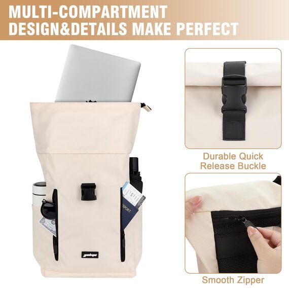 YOKGO Rucksack Damen & Herren, Rolltop Rucksack Wasserfest LaptopRucksack Schulrucksack mit 15,6" Laptopfach, Freizeitrucksack Backpack Daypack für Uni Schule Business Arbeit City Freizeit Reise