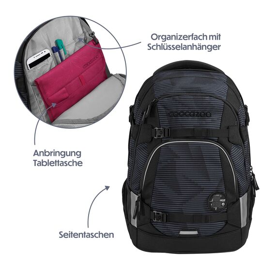 coocazoo Schulrucksack Mate „Dark Mission”, schwarz-grau, ergonomischer & anpassbarer Tornister, höhen- & größenverstellbar, mit Brustgurt & Hüftgurt, ab der 3. Klasse