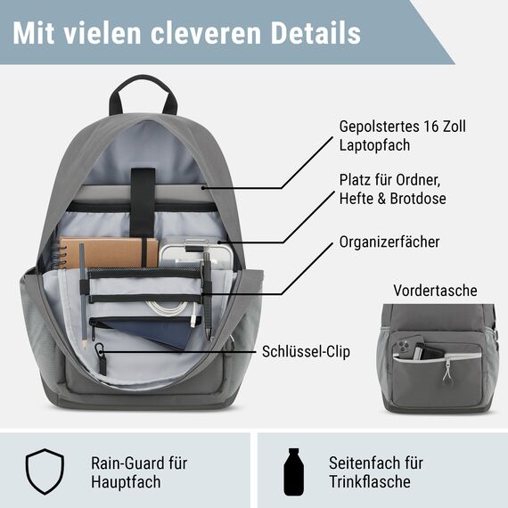 AUDETIC Schulrucksack Mädchen und Jungen Teenager Grau - Flex - Rucksack Damen & Herren mit 16 Zoll Laptop Fach für Schule & Freizeit - Wasserabweisend