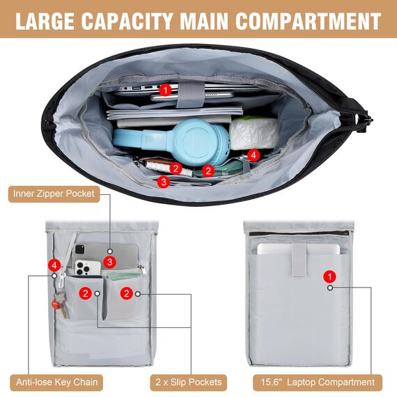 YOKGO Rucksack Damen & Herren, Rolltop Rucksack Wasserfest LaptopRucksack Schulrucksack mit 15,6" Laptopfach, Freizeitrucksack Backpack Daypack für Uni Schule Business Arbeit City Freizeit Reise