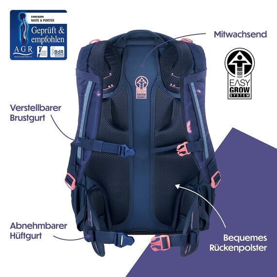 coocazoo Schulrucksack Mate „Arctic Midnight”, lila-rosa, ergonomischer & anpassbarer Tornister, höhen- & größenverstellbar, mit Brustgurt & Hüftgurt, ab der 3. Klasse