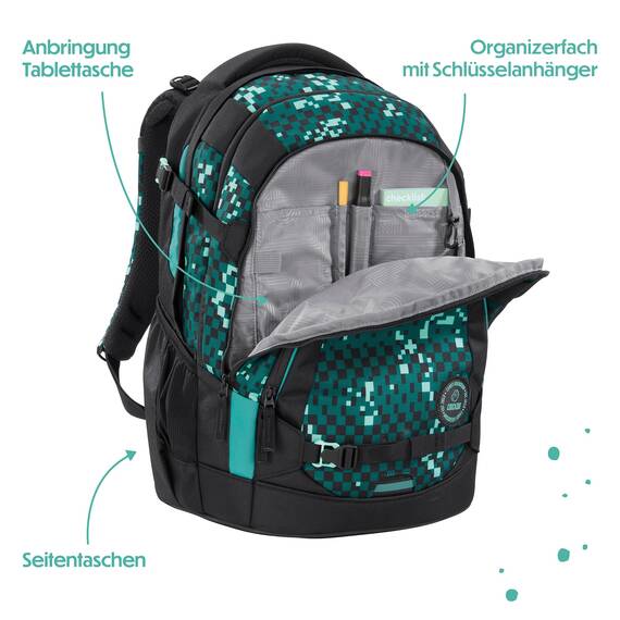 coocazoo Schulrucksack Mate „Pixel Blox”, schwarz-grün, ergonomischer & anpassbarer Tornister, höhen- & größenverstellbar, mit Brustgurt & Hüftgurt, ab der 3. Klasse