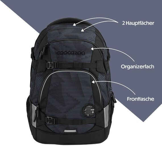 coocazoo Schulrucksack Mate „Dark Mission”, schwarz-grau, ergonomischer & anpassbarer Tornister, höhen- & größenverstellbar, mit Brustgurt & Hüftgurt, ab der 3. Klasse